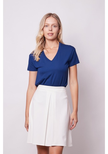 Kadın Yüksek Bel Hafif Likralı Kumaş Pilikaşeli Diz Boy Çan Etek-Krem fırsatları