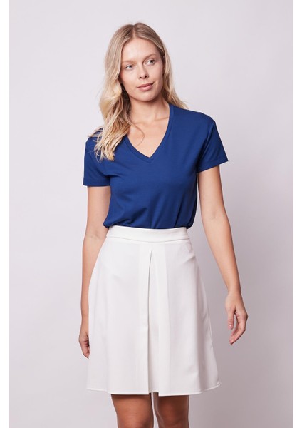 Kadın Yüksek Bel Hafif Likralı Kumaş Pilikaşeli Diz Boy Çan Etek-Krem indirimleri