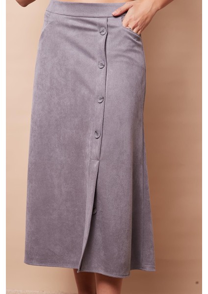 Kadın Hafif Likralı Kadife Kumaş Alman Cepli Dizde Düğmeli Yırtmaçlı Midi Boy Uzun Etek-Gri indirimleri