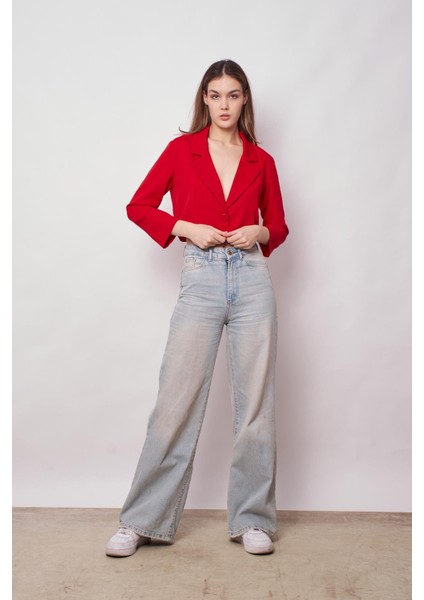 Kadın Kruvaze Anvelop Hafif Likralı Kumaş Crop Kısa Blazer Ceket-Kırmızı modelleri