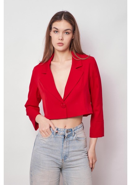 Kadın Kruvaze Anvelop Hafif Likralı Kumaş Crop Kısa Blazer Ceket-Kırmızı fırsatları