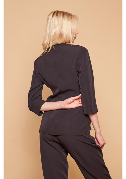 Yakalı Tek Düğmeli Kapri Kollu Kolu Yırtmaçlı Hafif Likralı Kumaş Blazer Ofis Ceket-Siyah indirimleri