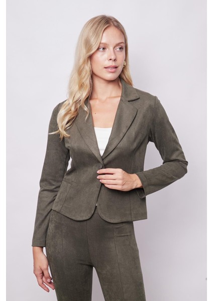Kadın Kadife Likralı Yumuşak Dokulu Flato Cepli Uzun Kol Düğmeli Blazer Mono Ceket-Haki