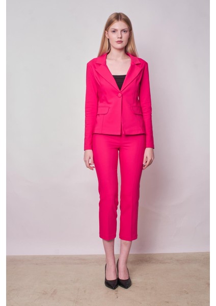 Kadın Yakalı Cep Kapaklı Uzun Kol Hafif Likralı Kumaş Blazer Ceket(Pantolon Jument 40076)-FUJYA