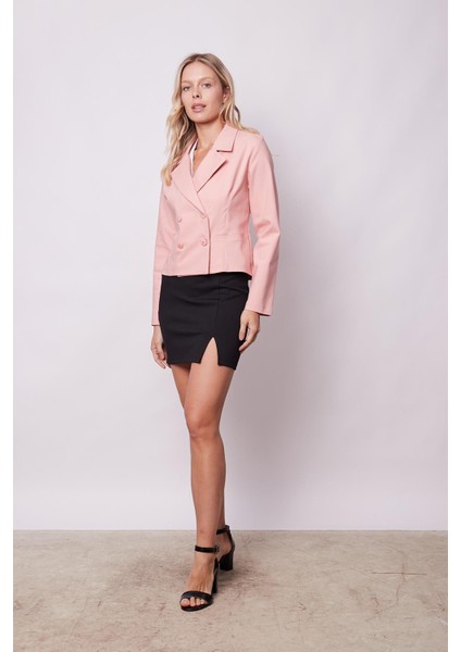 Kadın Yakalı Flato Cepli Uzun Kol Kruvaze Anvelop Hafif Likralı Kumaş Blazer Ceket-Pudra fiyatları