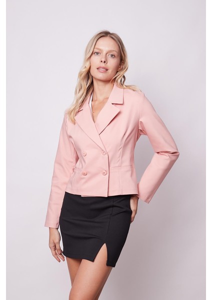 Kadın Yakalı Flato Cepli Uzun Kol Kruvaze Anvelop Hafif Likralı Kumaş Blazer Ceket-Pudra fırsatları