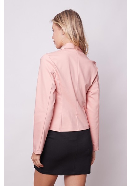Kadın Yakalı Flato Cepli Uzun Kol Kruvaze Anvelop Hafif Likralı Kumaş Blazer Ceket-Pudra indirimleri