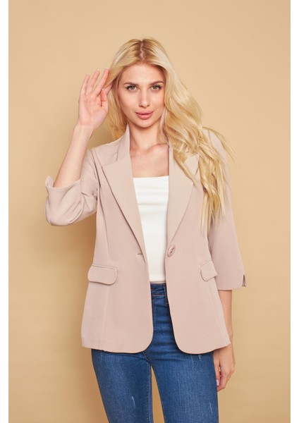 Yakalı Tek Düğmeli Kapri Kollu Kolu Yırtmaçlı Hafif Likralı Kumaş Blazer Ofis Ceket-Taş fiyatları