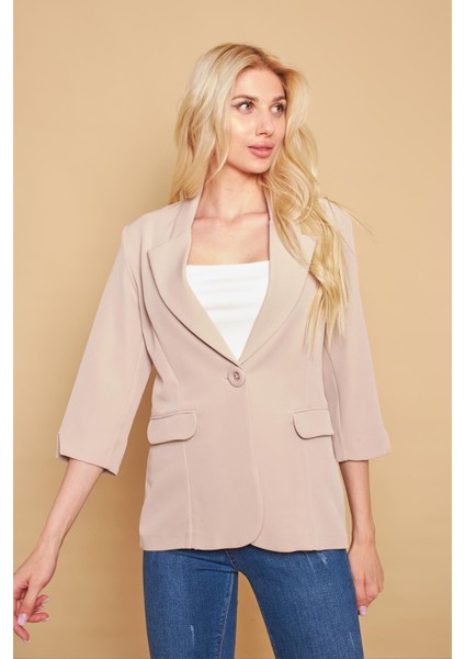 Yakalı Tek Düğmeli Kapri Kollu Kolu Yırtmaçlı Hafif Likralı Kumaş Blazer Ofis Ceket-Taş modelleri