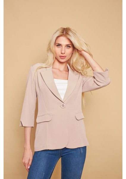 Yakalı Tek Düğmeli Kapri Kollu Kolu Yırtmaçlı Hafif Likralı Kumaş Blazer Ofis Ceket-Taş fırsatları