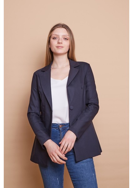 Yakalı Tek Düğme Uzun Kol Hafif Likralı Kumaş Blazer Uzun Ofis Ceket-Lacivert modelleri