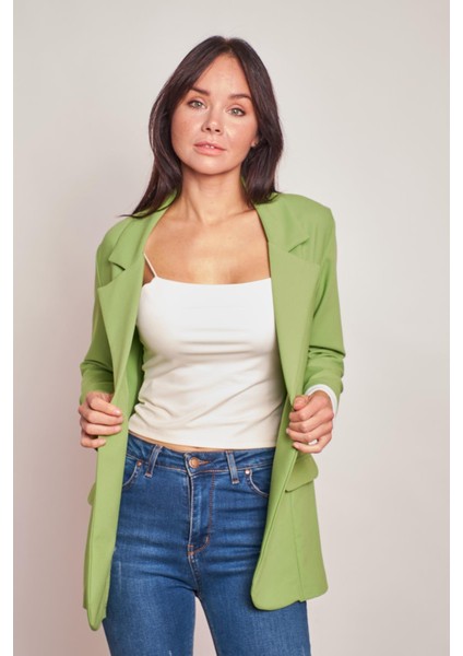 Yakalı Kolu Katlamalı Cep Kapaklı Salaş Boyfriend Oversize Hafif Likralı Kumaş Blazer Ceket-Fıstık Yeşili modelleri