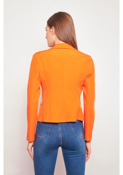 Yakalı Flato Cepli Uzun Kol Pamuklu Kumaş Hafif Likralı Kısa Blazer Ofis Ceket-Oranj fırsatları