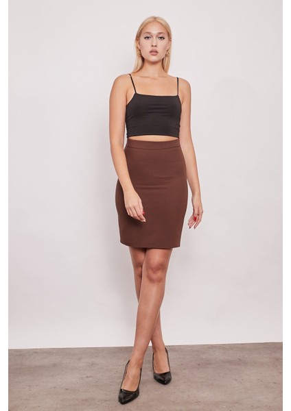 Yüksek Bel Diz Üstü Şık Kumaş Kalem Etek-Kahve fiyatları