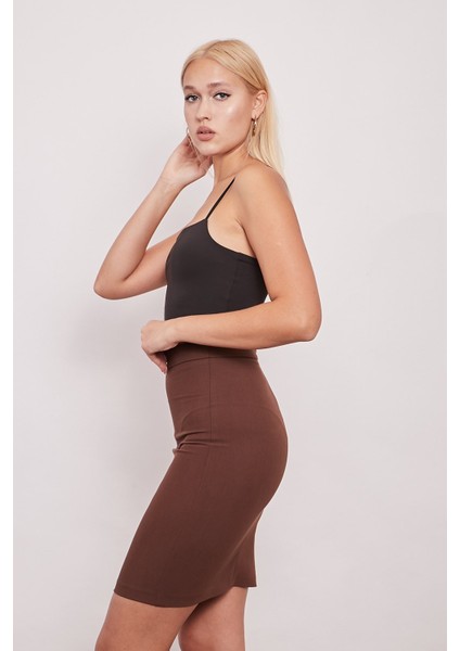 Yüksek Bel Diz Üstü Şık Kumaş Kalem Etek-Kahve modelleri