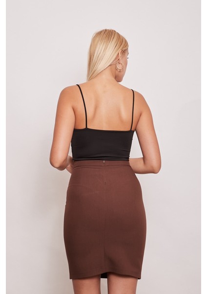 Yüksek Bel Diz Üstü Şık Kumaş Kalem Etek-Kahve fırsatları