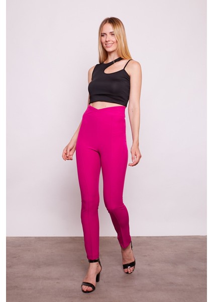 Yüksek Bel Önü Dikişli Kemeri Kruvaze Dar Paça Pamuklu Likralı Pantolon-Magenta