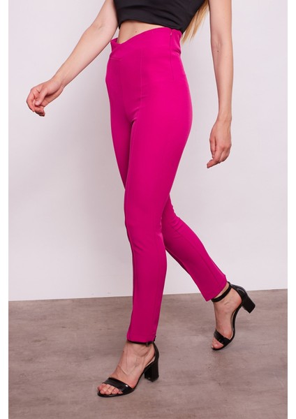 Yüksek Bel Önü Dikişli Kemeri Kruvaze Dar Paça Pamuklu Likralı Pantolon-Magenta fiyatları
