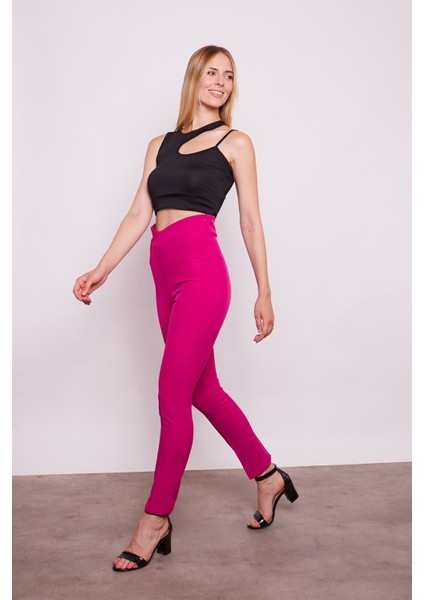 Yüksek Bel Önü Dikişli Kemeri Kruvaze Dar Paça Pamuklu Likralı Pantolon-Magenta modelleri