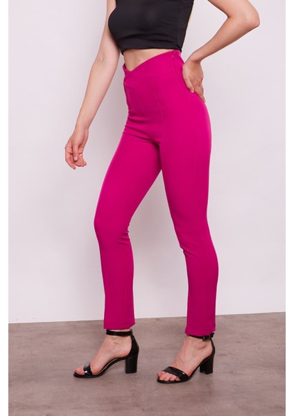 Yüksek Bel Önü Dikişli Kemeri Kruvaze Dar Paça Pamuklu Likralı Pantolon-Magenta fırsatları