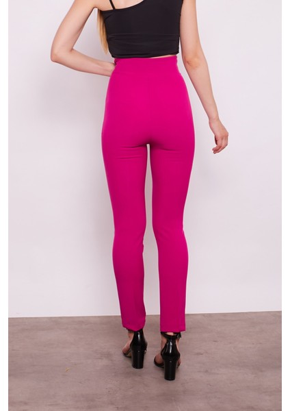 Yüksek Bel Önü Dikişli Kemeri Kruvaze Dar Paça Pamuklu Likralı Pantolon-Magenta indirimleri