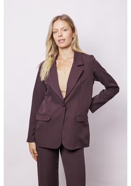 Kadın Yakalı Cep Kapaklı Uzun Kol Hafif Likralı Kumaş Oversize Blazer Ceket(Pantolonu Jument 40075)-KAHVE