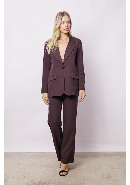 Kadın Yakalı Cep Kapaklı Uzun Kol Hafif Likralı Kumaş Oversize Blazer Ceket(Pantolonu Jument 40075)-KAHVE fiyatları