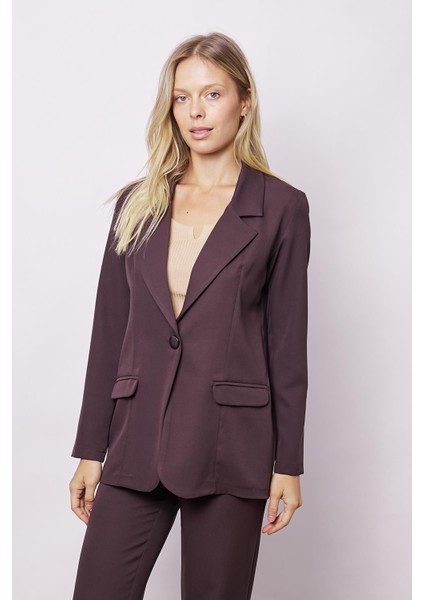 Kadın Yakalı Cep Kapaklı Uzun Kol Hafif Likralı Kumaş Oversize Blazer Ceket(Pantolonu Jument 40075)-KAHVE modelleri