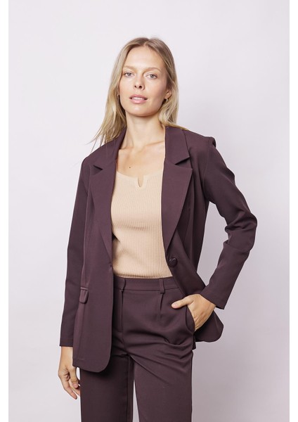 Kadın Yakalı Cep Kapaklı Uzun Kol Hafif Likralı Kumaş Oversize Blazer Ceket(Pantolonu Jument 40075)-KAHVE fırsatları