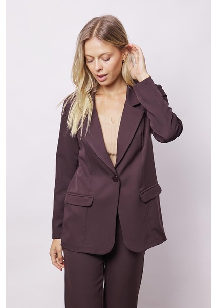 Kadın Yakalı Cep Kapaklı Uzun Kol Hafif Likralı Kumaş Oversize Blazer Ceket(Pantolonu Jument 40075)-KAHVE indirimleri
