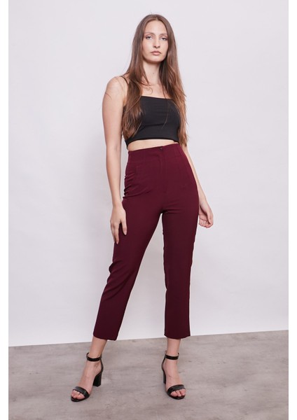Kadın Yüksek Bel Rahat Kesim Şık Ofis Süs Cepli Havuç Pantolon-Mürdüm