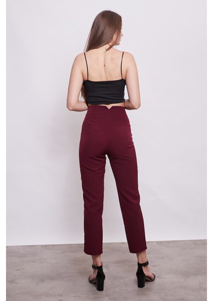Kadın Yüksek Bel Rahat Kesim Şık Ofis Süs Cepli Havuç Pantolon-Mürdüm fiyatları