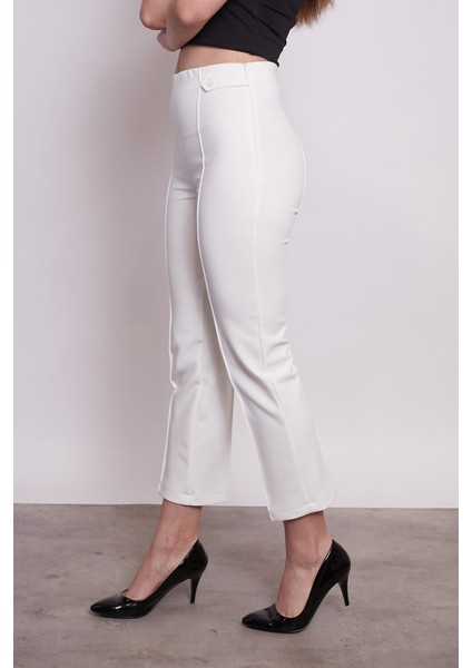 Kadın Yüksek Bel Önü Dikişli Beli Apoletli Düğmeli Boru Paça Kumaş Pantolon- Krem modelleri