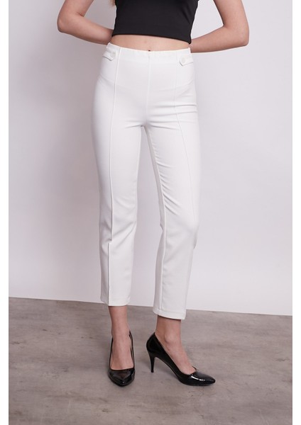 Kadın Yüksek Bel Önü Dikişli Beli Apoletli Düğmeli Boru Paça Kumaş Pantolon- Krem fırsatları