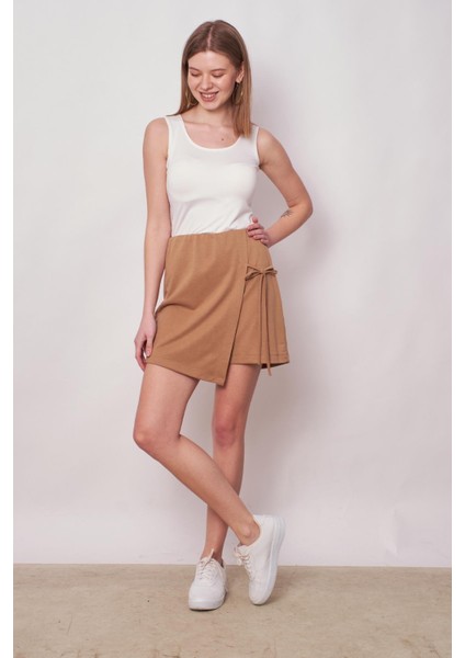 Kadın Esnek Modal Karışımlı Beli Lastikli Şort Etek (BOY:40CM +-2cm)-Camel