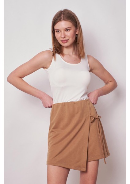 Kadın Esnek Modal Karışımlı Beli Lastikli Şort Etek (BOY:40CM +-2cm)-Camel fiyatları