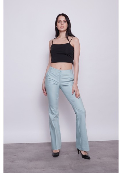 Kalın Kemerli Cepli İspanyol Bol Paça Likralı Kumaş Pantolon - Mint