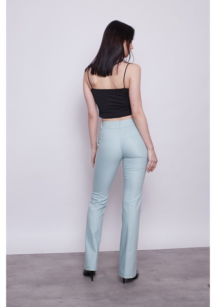 Kalın Kemerli Cepli İspanyol Bol Paça Likralı Kumaş Pantolon - Mint fırsatları