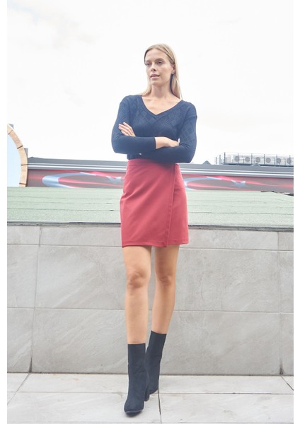 Kadın Yüksek Bel Kruvaze Model Hafif Likralı Şık Kumaş Ofis Kalem Etek-Bordo