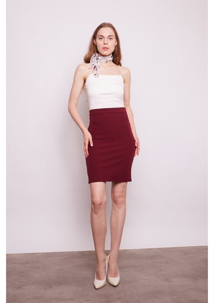 Yüksek Bel Diz Üstü Likralı Pamuklu Şık Kumaş Kalem Etek-Bordo modelleri