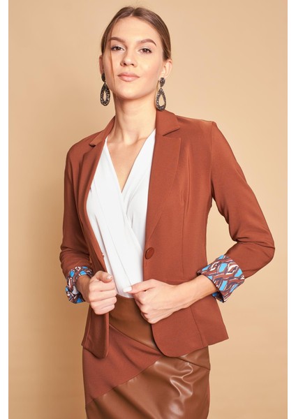 Yakalı Flato Cepli Kolu Duble Uzun Kol Ofis Şık Blazer Kumaş Ceket -Koyu Taba modelleri