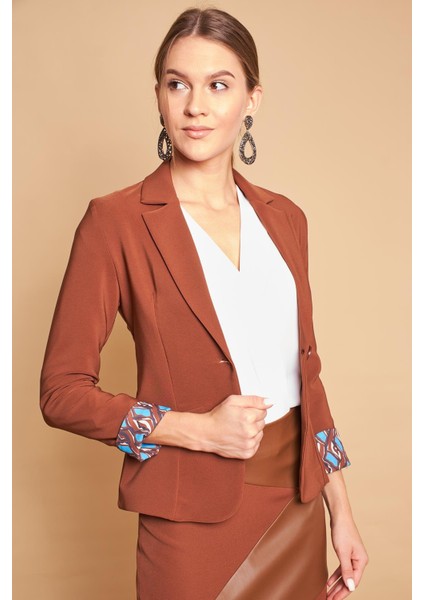 Yakalı Flato Cepli Kolu Duble Uzun Kol Ofis Şık Blazer Kumaş Ceket -Koyu Taba fırsatları