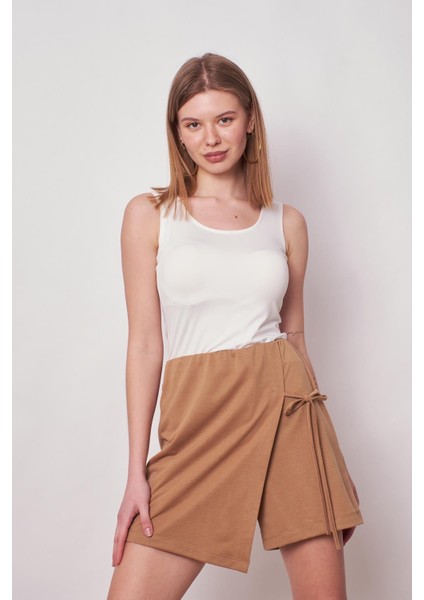 Kadın Esnek Modal Karışımlı Beli Lastikli Şort Etek (BOY:40CM +-2cm)-Camel modelleri