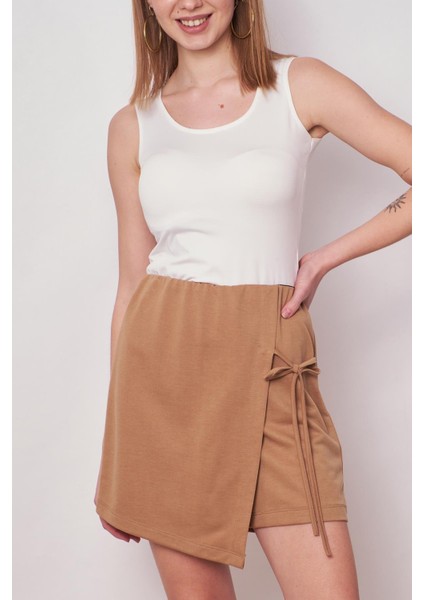 Kadın Esnek Modal Karışımlı Beli Lastikli Şort Etek (BOY:40CM +-2cm)-Camel fırsatları
