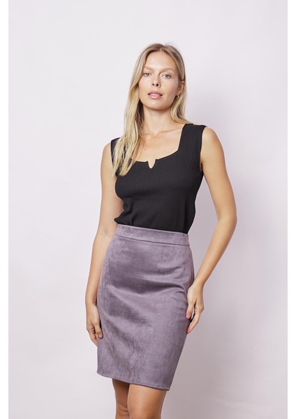 Kadın Hafif Likralı Süet Kumaş Yüksek Bel Diz Üstü Kalem Etek-Gri fiyatları