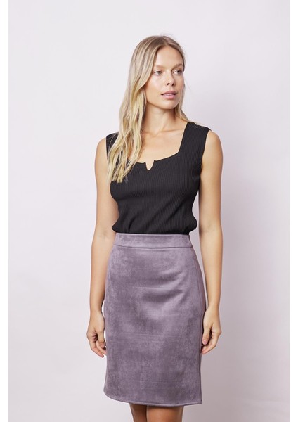 Kadın Hafif Likralı Süet Kumaş Yüksek Bel Diz Üstü Kalem Etek-Gri modelleri