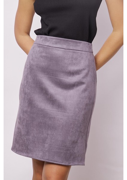 Kadın Hafif Likralı Süet Kumaş Yüksek Bel Diz Üstü Kalem Etek-Gri fırsatları