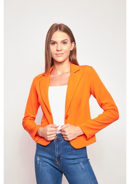 Yakalı Flato Cepli Uzun Kol Pamuklu Kumaş Hafif Likralı Kısa Blazer Ofis Ceket-Oranj
