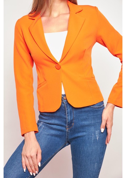 Yakalı Flato Cepli Uzun Kol Pamuklu Kumaş Hafif Likralı Kısa Blazer Ofis Ceket-Oranj fiyatları