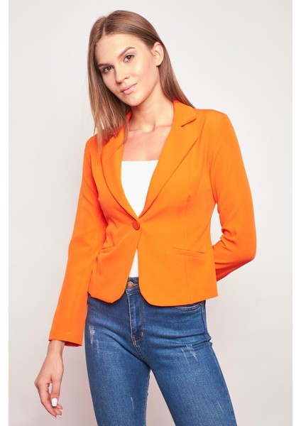Yakalı Flato Cepli Uzun Kol Pamuklu Kumaş Hafif Likralı Kısa Blazer Ofis Ceket-Oranj modelleri